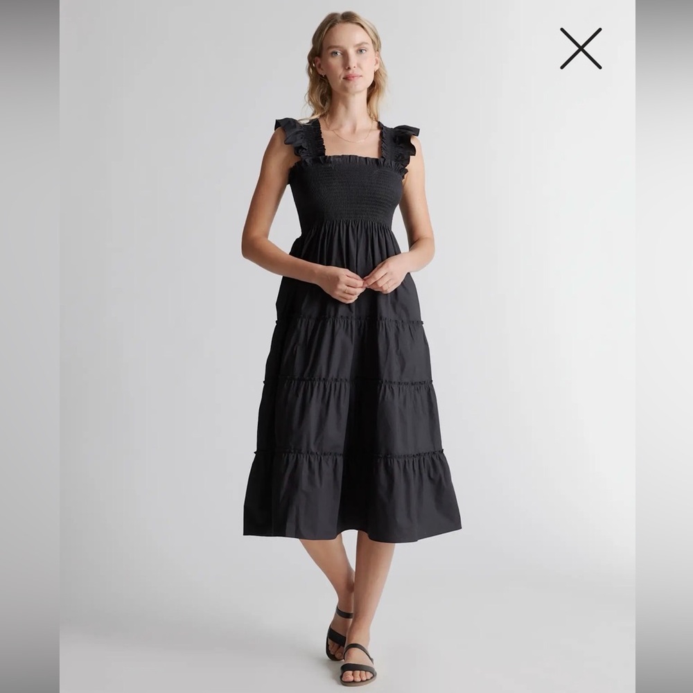 Quince Black Smocked Tiered Midi Dress